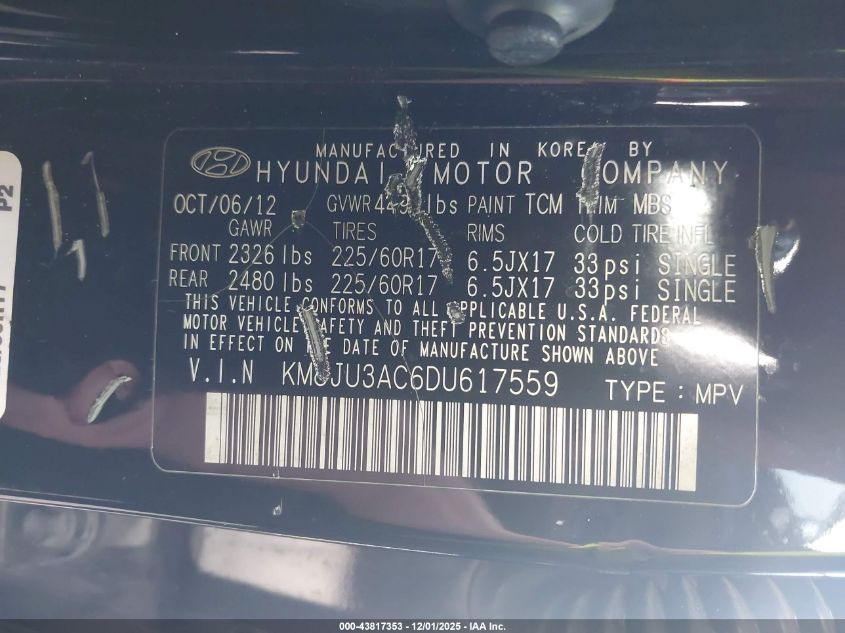 2013 Hyundai Tucson Gls VIN: KM8JU3AC6DU617559 Lot: 43817353