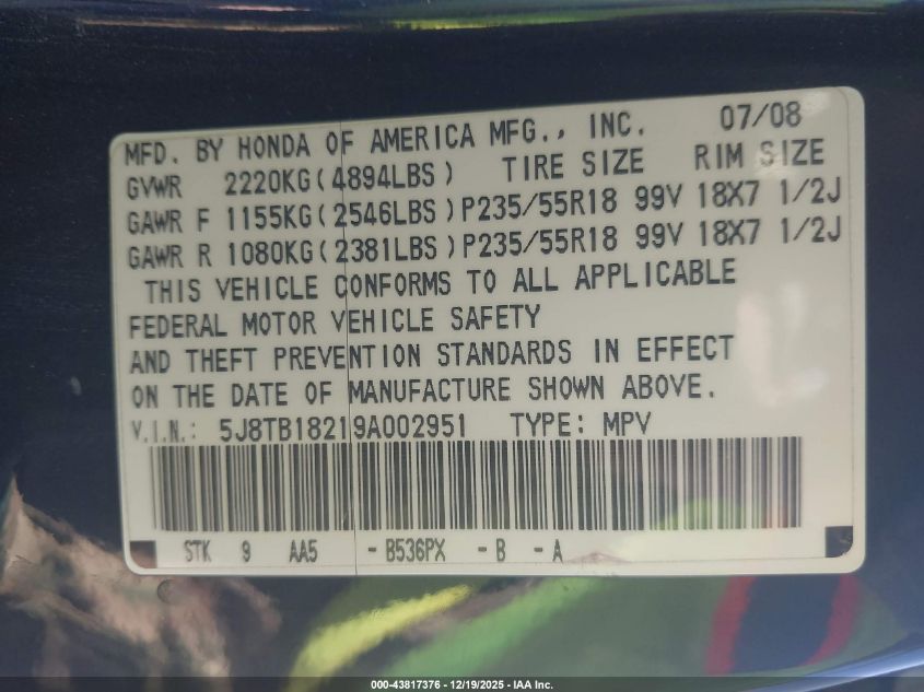 2009 Acura Rdx VIN: 5J8TB18219A002951 Lot: 43817376