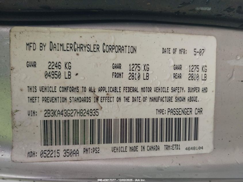 2007 Dodge Charger VIN: 2B3KA43G27H824935 Lot: 43817377
