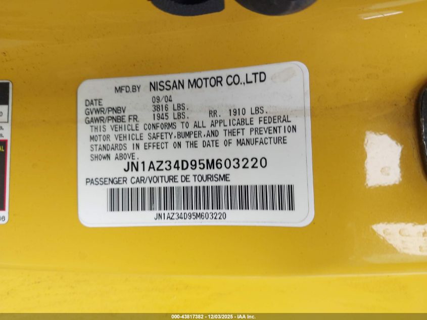 2005 Nissan 350Z Enthusiast VIN: JN1AZ34D95M603220 Lot: 43817382