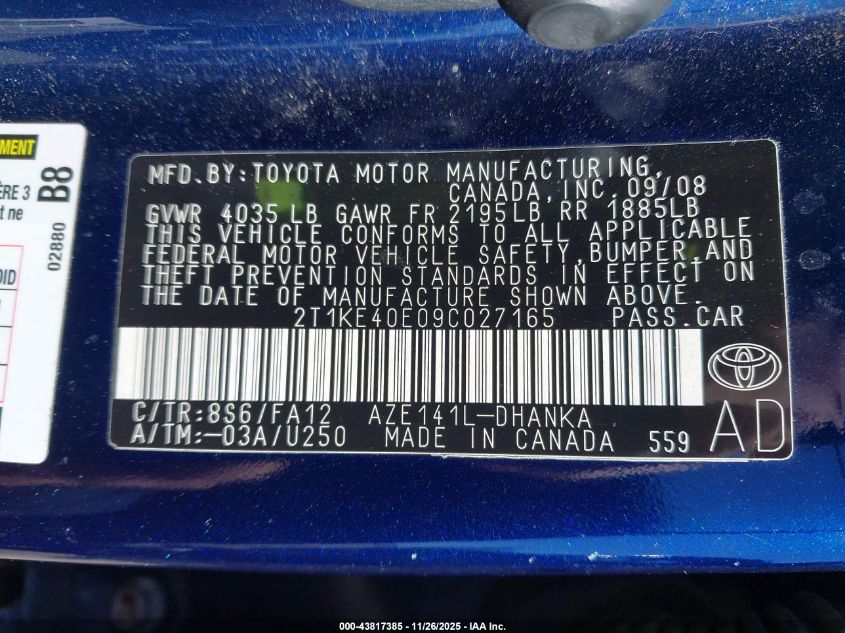 2009 Toyota Matrix S VIN: 2T1KE40E09C027165 Lot: 43817385