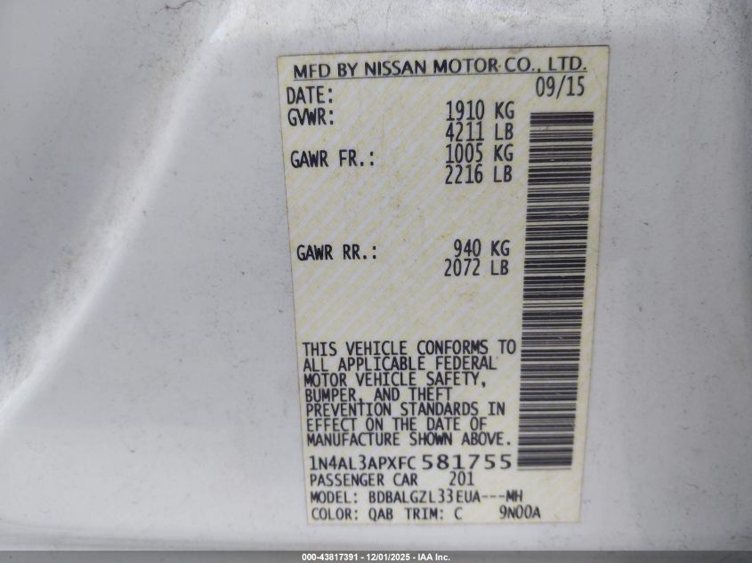 2015 Nissan Altima 2.5 S VIN: 1N4AL3APXFC581755 Lot: 43817391