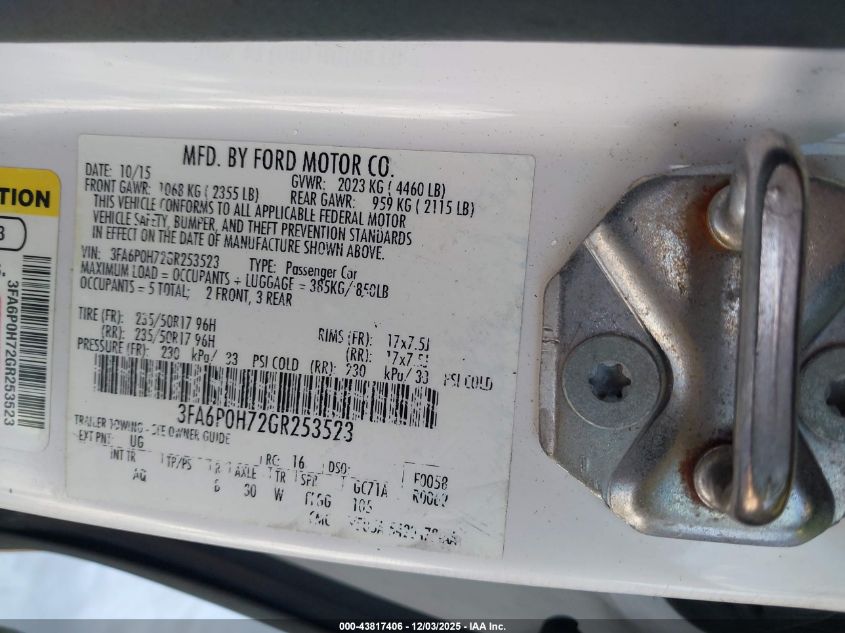 2016 Ford Fusion Se VIN: 3FA6P0H72GR253523 Lot: 43817406