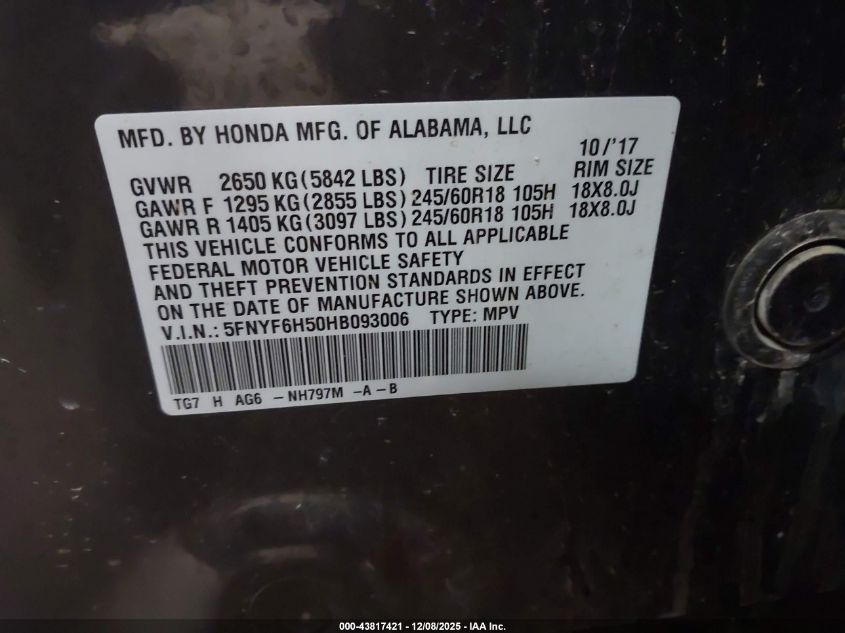 2017 Honda Pilot Ex-L VIN: 5FNYF6H50HB093006 Lot: 43817421