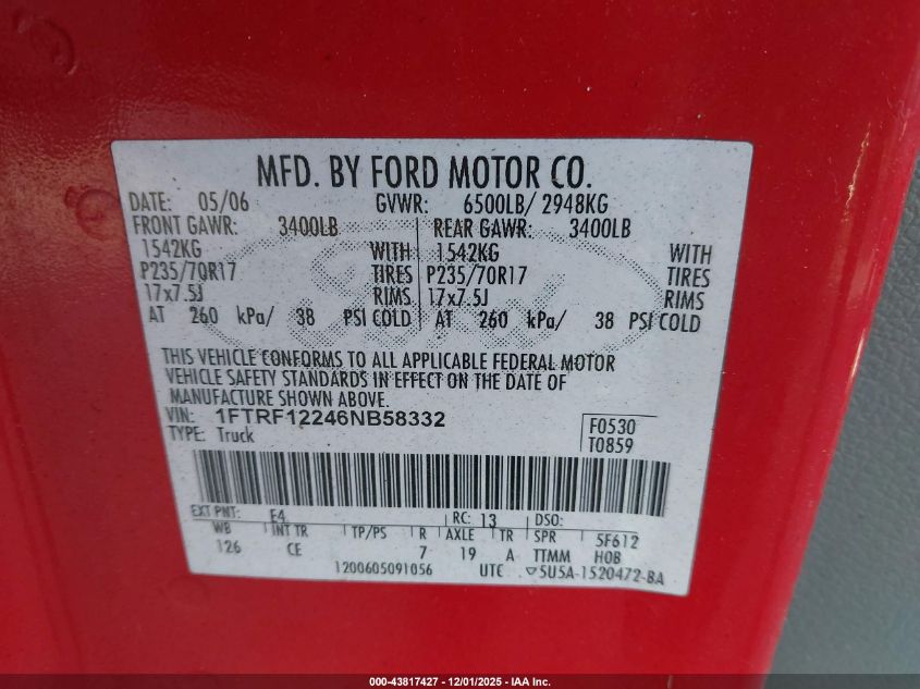 2006 Ford F-150 Stx/Xl/Xlt VIN: 1FTRF12246NB58332 Lot: 43817427