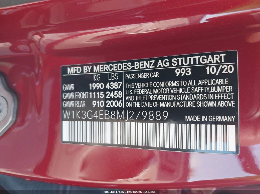 2021 Mercedes-Benz A 220 VIN: W1K3G4EB8MJ279889 Lot: 43817455