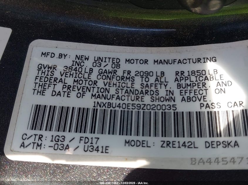 2009 Toyota Corolla S VIN: 1NXBU40E59Z020035 Lot: 43817462