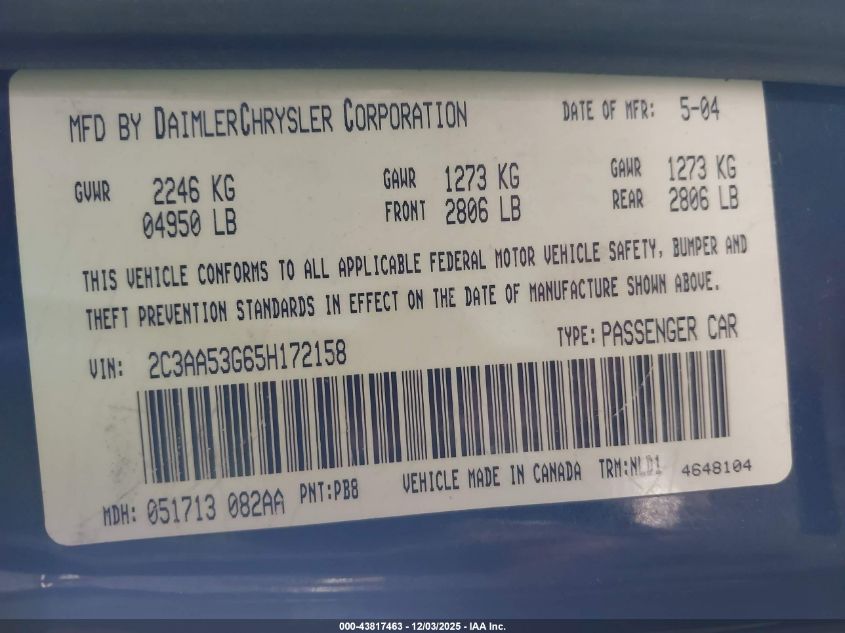 2005 Chrysler 300 Touring VIN: 2C3AA53G65H172158 Lot: 43817463