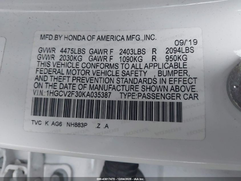 2019 Honda Accord Sport 2.0T VIN: 1HGCV2F30KA035387 Lot: 43817470