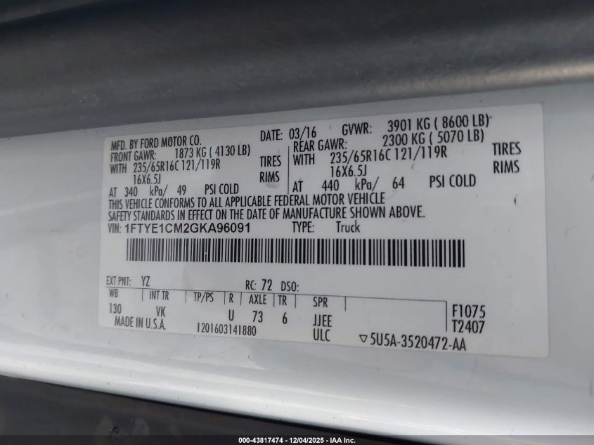 2016 Ford Transit-150 VIN: 1FTYE1CM2GKA96091 Lot: 43817474