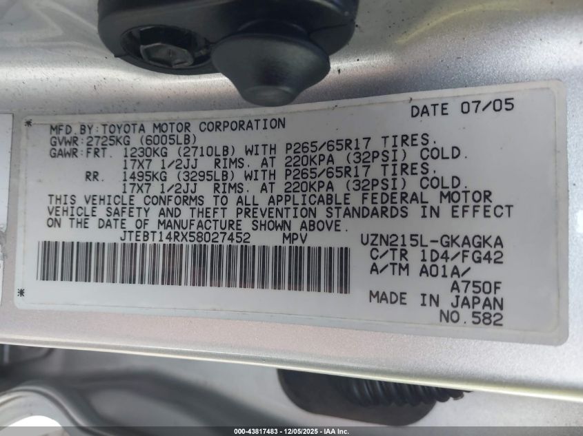 2005 Toyota 4Runner Sr5 V8 VIN: JTEBT14RX58027452 Lot: 43817483