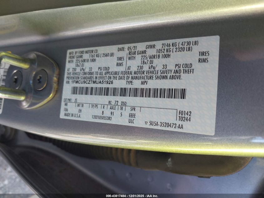 2021 Ford Escape Sel Hybrid VIN: 1FMCU9CZ7MUA51926 Lot: 43817484