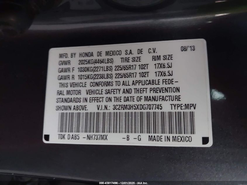 2013 Honda Cr-V Ex VIN: 3CZRM3H5XDG707745 Lot: 43817496