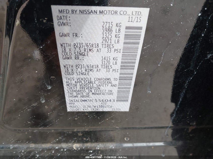 2015 Infiniti Qx60 VIN: 5N1AL0MM7FC556043 Lot: 43817506