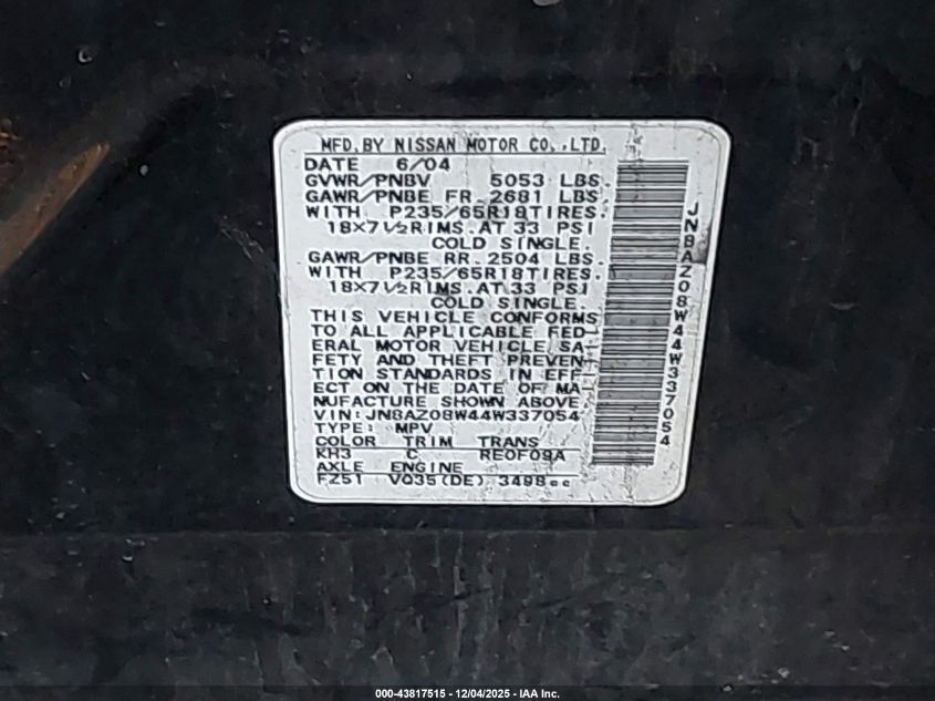 2004 Nissan Murano Sl VIN: JN8AZ08W44W337054 Lot: 43817515