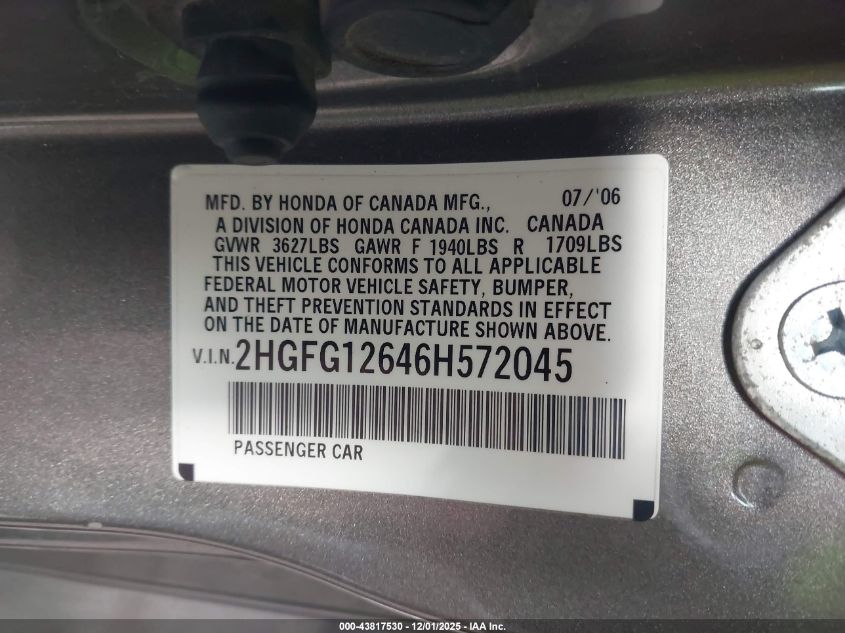 2006 Honda Civic Lx VIN: 2HGFG12646H572045 Lot: 43817530