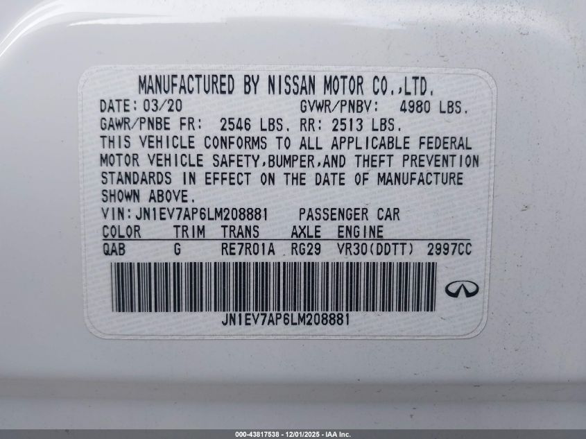 2020 Infiniti Q50 Sport VIN: JN1EV7AP6LM208881 Lot: 43817538