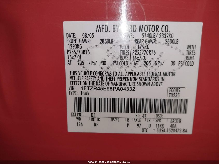 2006 Ford Ranger Fx4 Level Ii/Fx4 Off-Road/Sport/Xlt VIN: 1FTZR45E96PA04332 Lot: 43817552