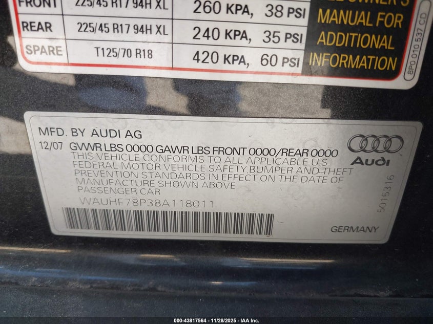 2008 Audi A3 2.0T VIN: WAUHF78P38A118011 Lot: 43817564