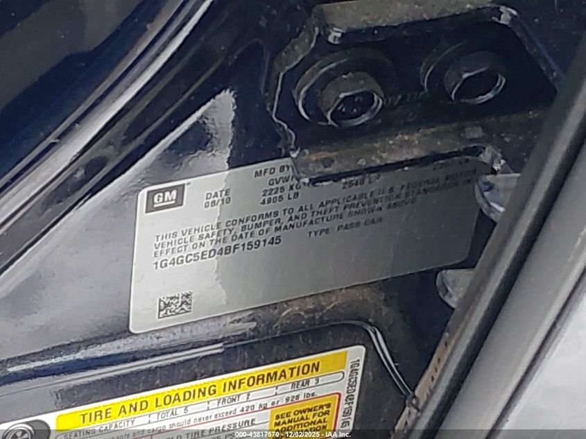 2011 Buick Lacrosse Cxl VIN: 1G4GC5ED4BF159145 Lot: 43817570