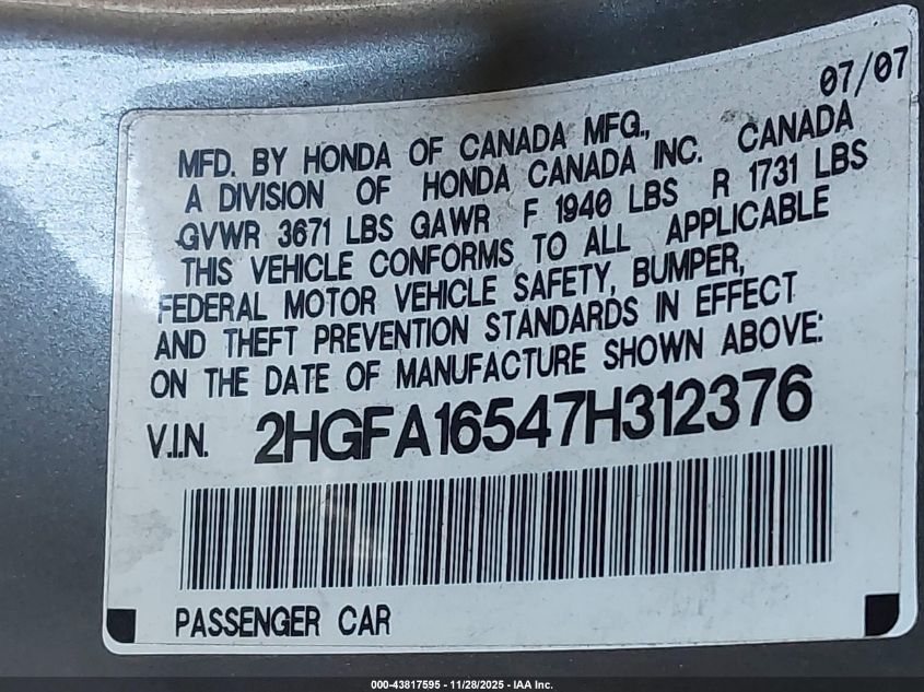 2007 Honda Civic Lx VIN: 2HGFA16547H312376 Lot: 43817595