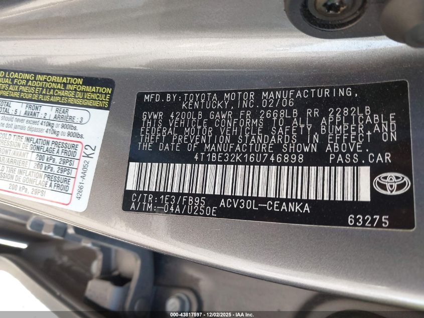 2006 Toyota Camry Le VIN: 4T1BE32K16U746898 Lot: 43817597