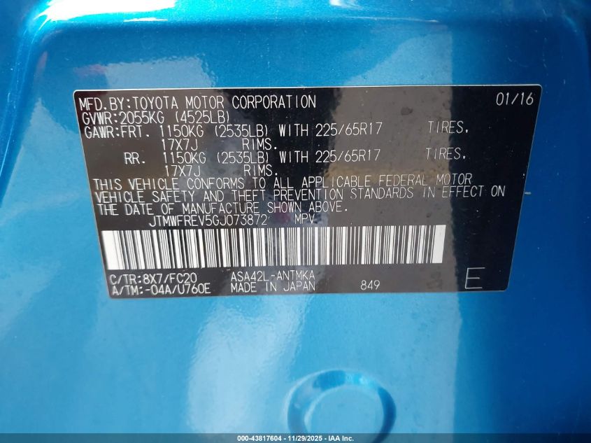 2016 Toyota Rav4 Xle VIN: JTMWFREV5GJ073872 Lot: 43817604