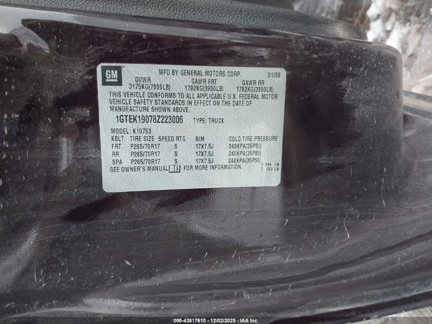 2008 GMC Sierra 1500 Sle1 VIN: 1GTEK19078Z223006 Lot: 43817610