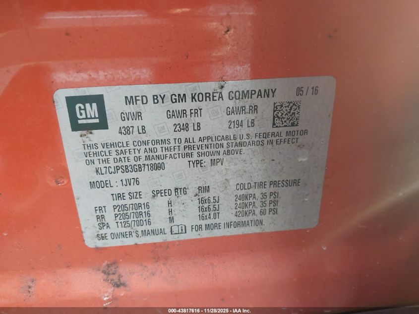 2016 Chevrolet Trax 1Lt VIN: KL7CJPSB3GB718090 Lot: 43817616