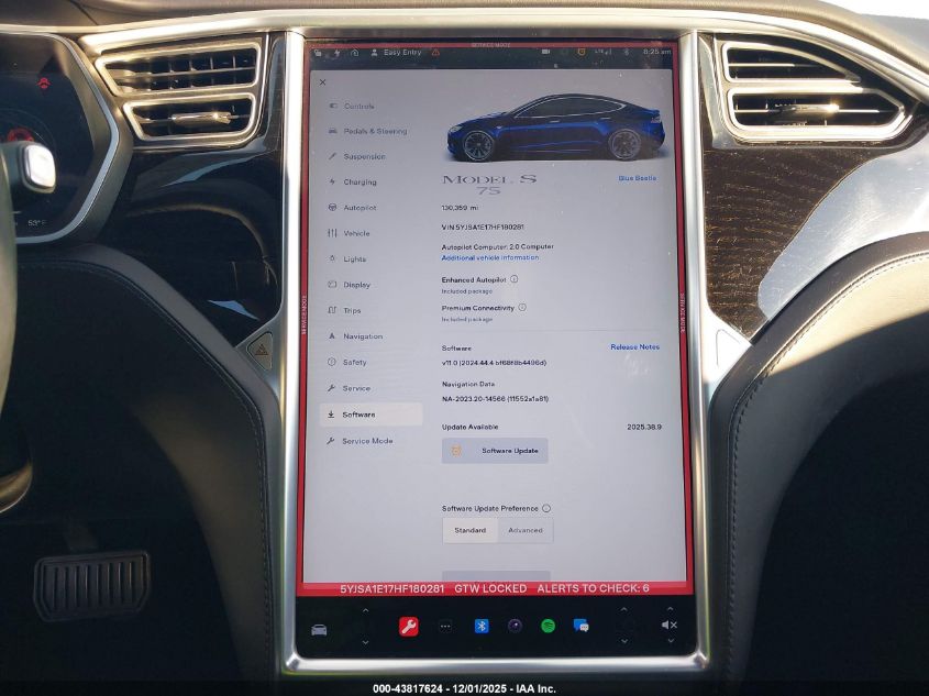 2017 Tesla Model S 60/75 VIN: 5YJSA1E17HF180281 Lot: 43817624