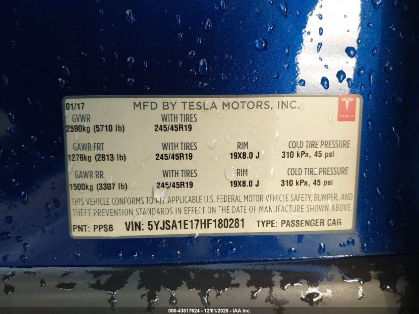 2017 Tesla Model S 60/75 VIN: 5YJSA1E17HF180281 Lot: 43817624