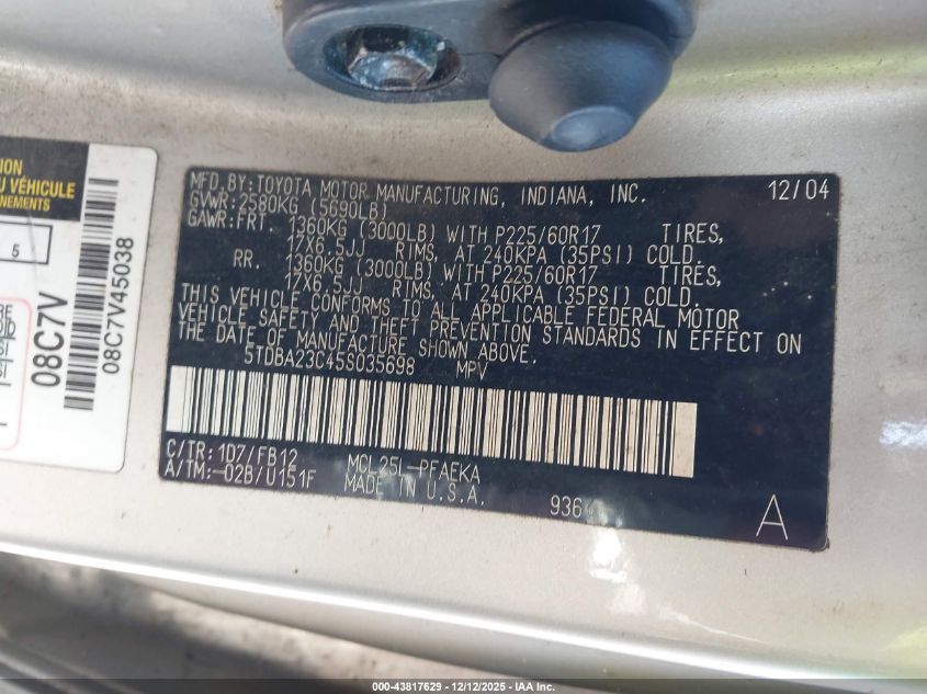 2005 Toyota Sienna Le VIN: 5TDBA23C45S035698 Lot: 43817629