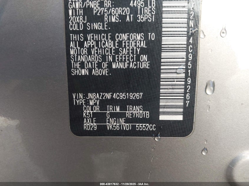 2012 Infiniti Qx56 VIN: JN8AZ2NF4C9519267 Lot: 43817632