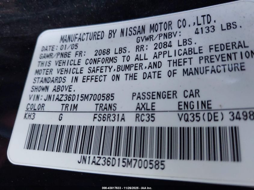 2005 Nissan 350Z Enthusiast VIN: JN1AZ36D15M700585 Lot: 43817633