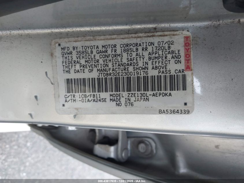 2003 Toyota Corolla Ce VIN: JTDBR32E230019176 Lot: 43817635