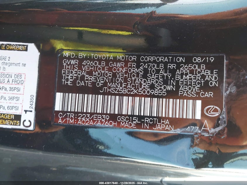 2019 Lexus Rc 350 F Sport VIN: JTHSZ5BC2K5009855 Lot: 43817648