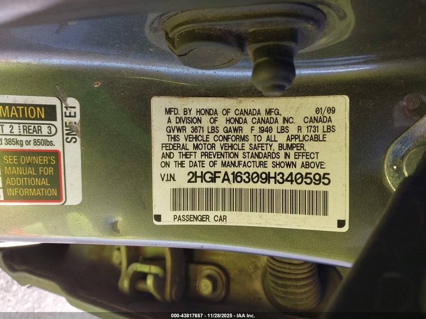 2009 Honda Civic Vp VIN: 2HGFA16309H340595 Lot: 43817657