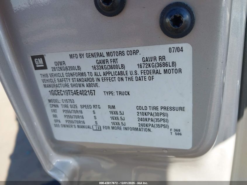 2004 Chevrolet Silverado 1500 Ls VIN: 1GCEC19T54E402167 Lot: 43817672