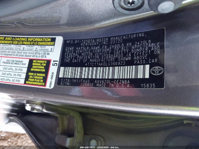 2020 Toyota Camry Le VIN: 4T1C11AK0LU366923 Lot: 43817673