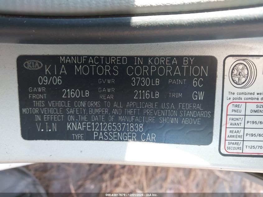 2006 Kia Spectra Ex/Lx/Sx VIN: KNAFE121265371838 Lot: 43817679