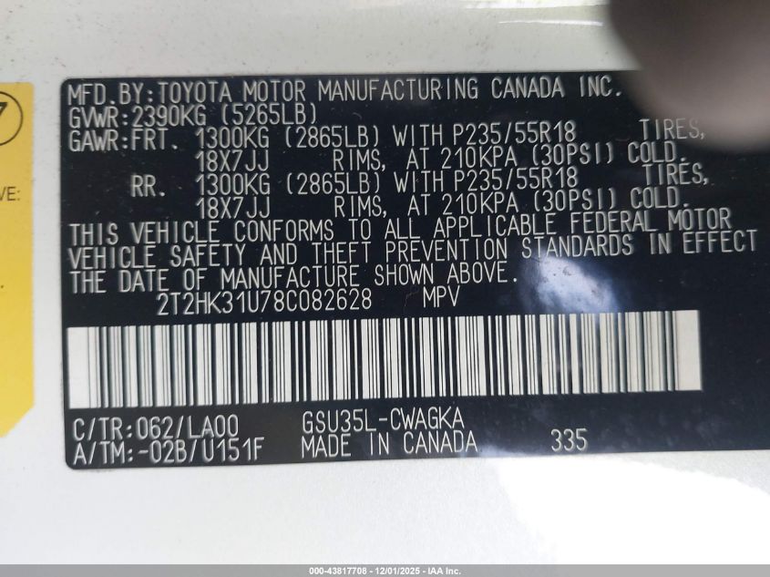 2008 Lexus Rx 350 VIN: 2T2HK31U78C082628 Lot: 43817708