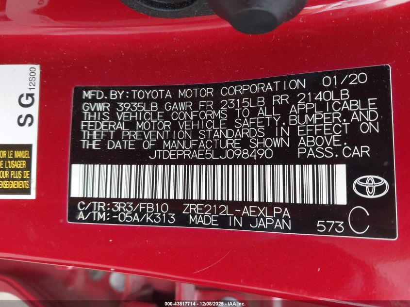 2020 Toyota Corolla Le VIN: JTDEPRAE5LJ098490 Lot: 43817714