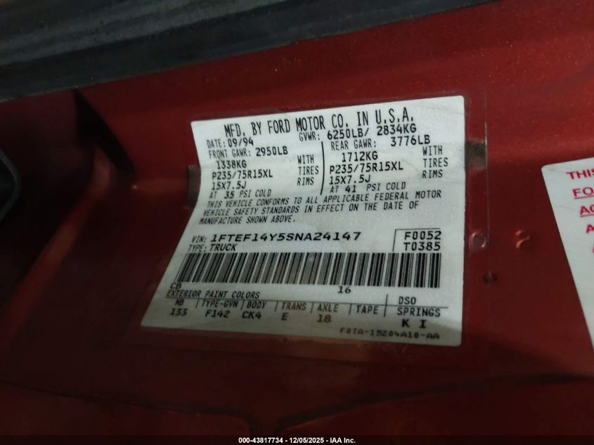 1995 Ford F150 VIN: 1FTEF14Y5SNA24147 Lot: 43817734
