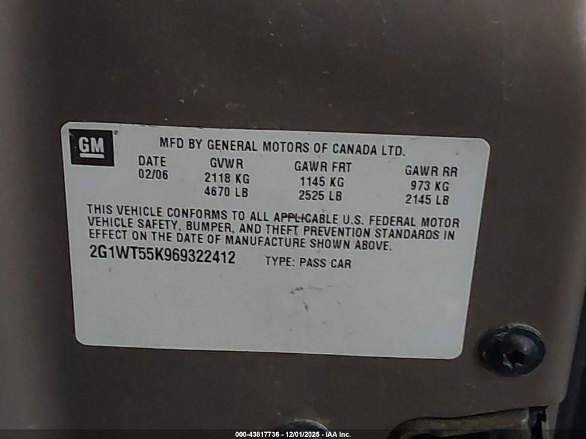 2006 Chevrolet Impala Lt VIN: 2G1WT55K969322412 Lot: 43817736