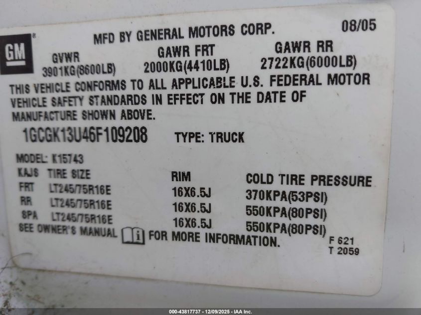 2006 Chevrolet Silverado 1500Hd Lt2 VIN: 1GCGK13U46F109208 Lot: 43817737