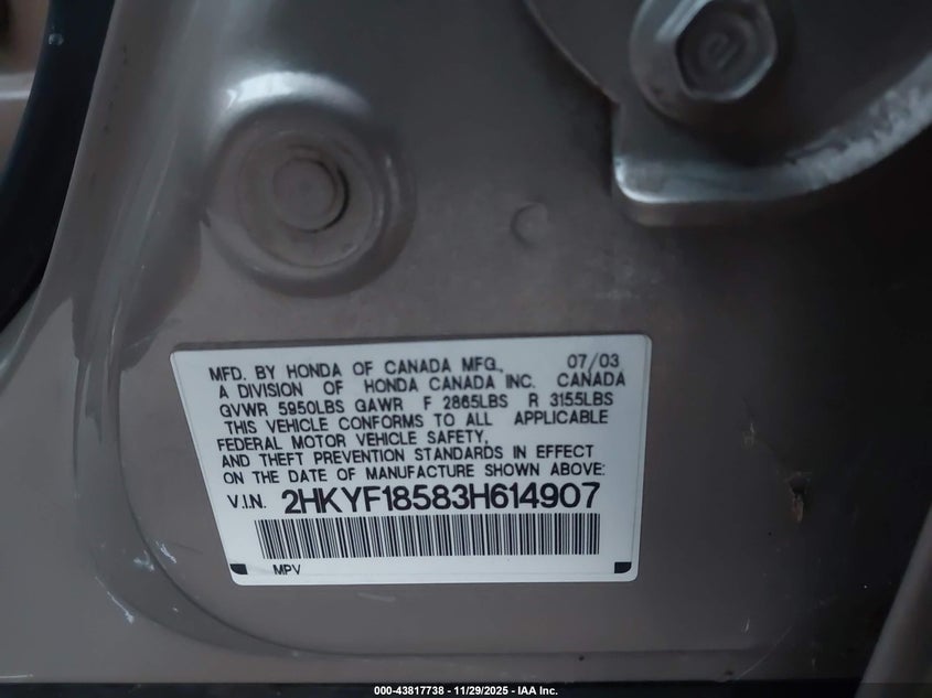 2003 Honda Pilot Ex-L VIN: 2HKYF18583H614907 Lot: 43817738