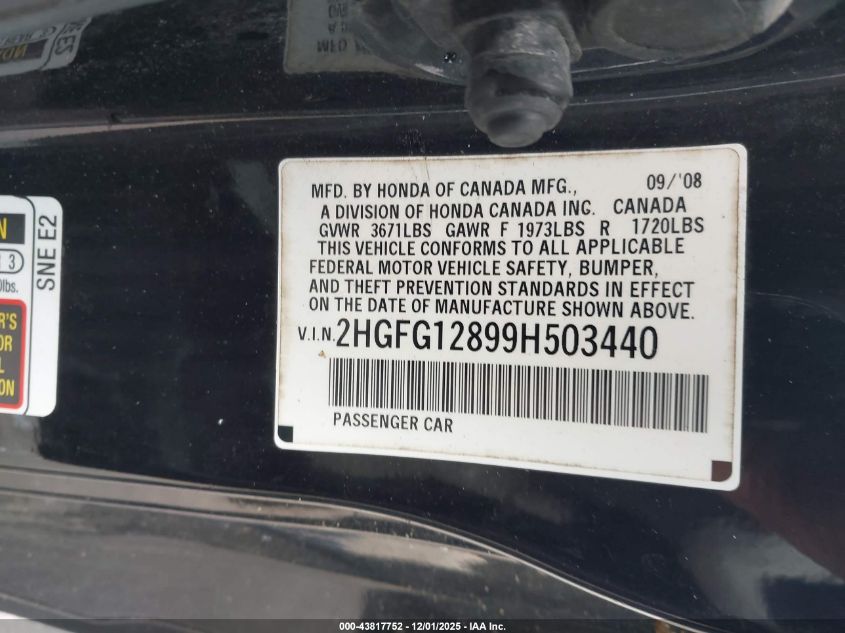 2009 Honda Civic Ex VIN: 2HGFG12899H503440 Lot: 43817752