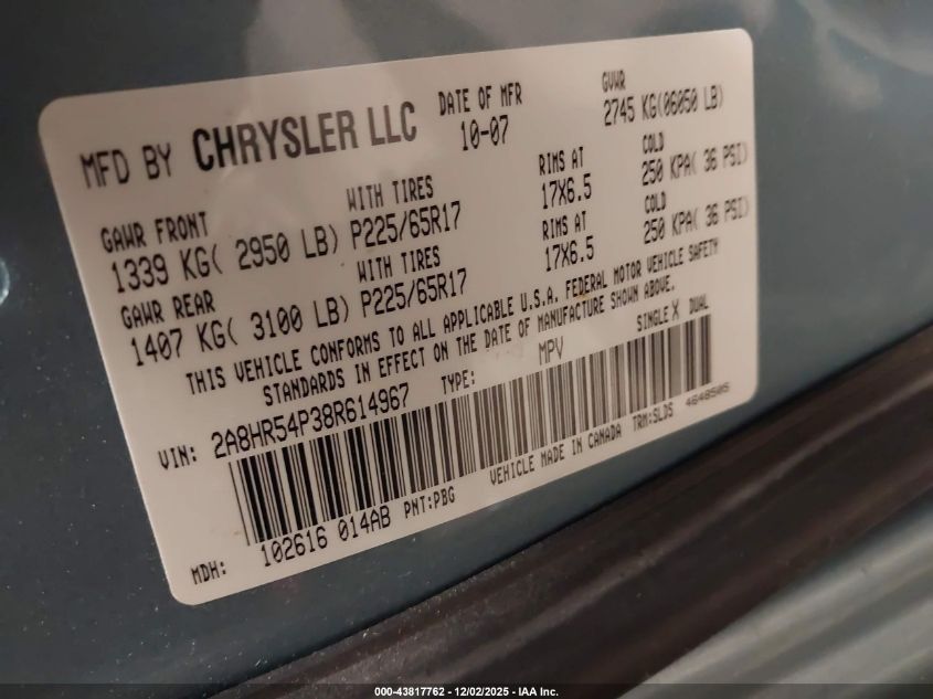 2008 Chrysler Town & Country Touring VIN: 2A8HR54P38R614967 Lot: 43817762