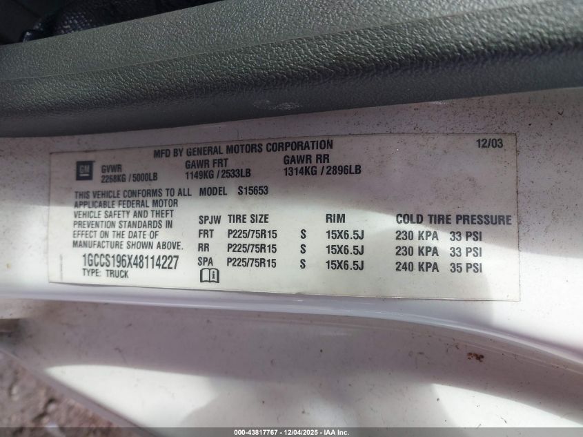 2004 Chevrolet Colorado Ls VIN: 1GCCS196X48114227 Lot: 43817767