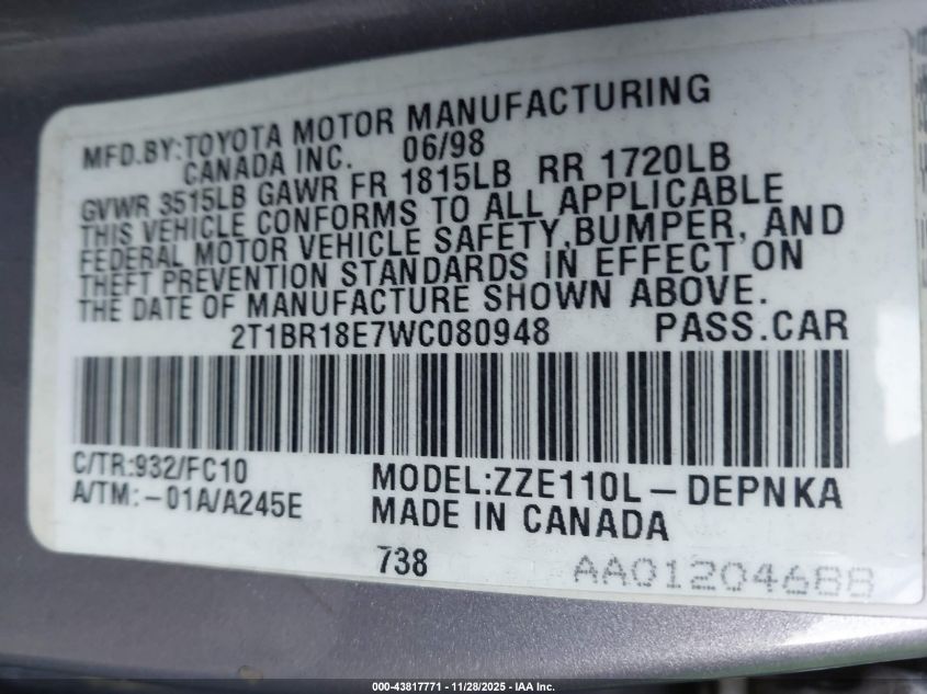 1998 Toyota Corolla Le VIN: 2T1BR18E7WC080948 Lot: 43817771